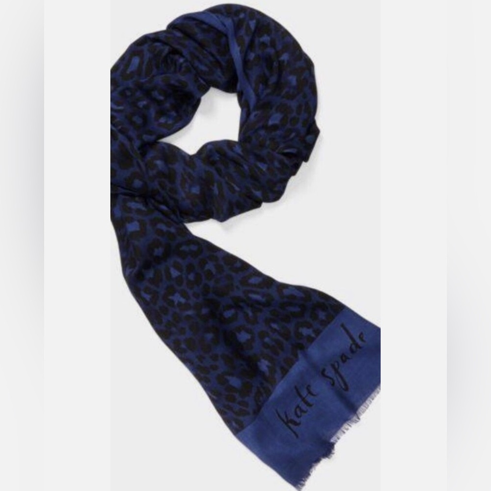 NEW KATE SPADE MEOW Knit Scarf. 80" Long. Cheetah Print. Blue/Black. Retail $118